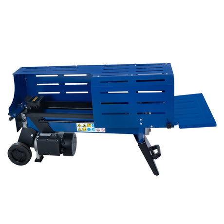 Spaccalegna elettrico blu con ruote, design robusto e griglie di ventilazione, ideale per tagliare legna in modo efficiente