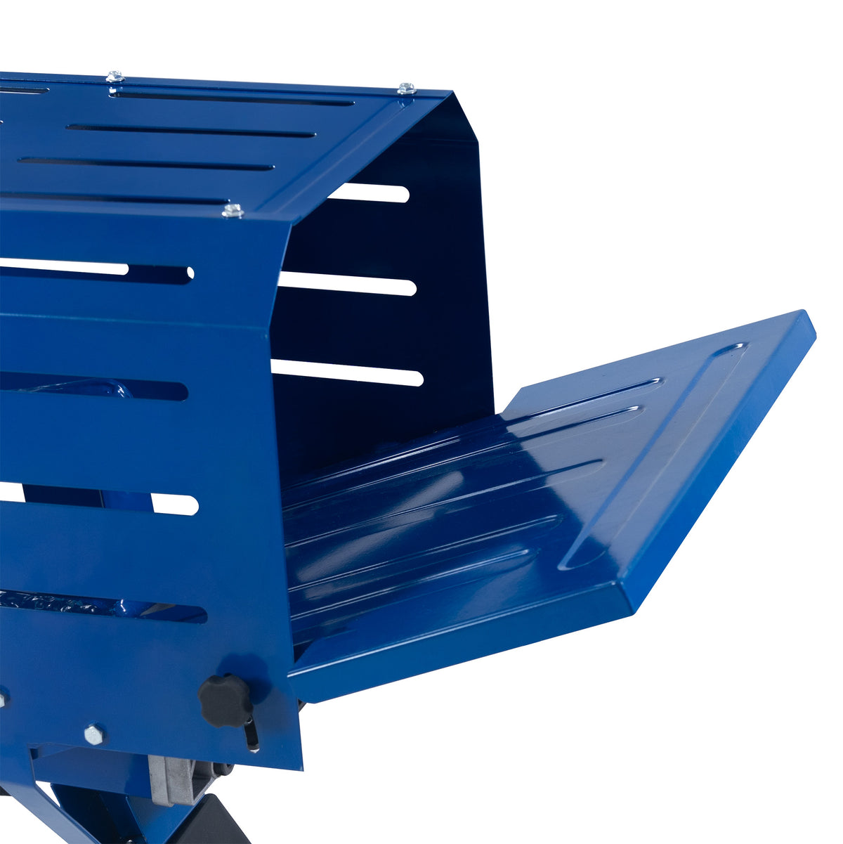 Carrello da lavoro in metallo blu, con superficie liscia e aperture per la ventilazione, progettato per sostenere attrezzi e materiali