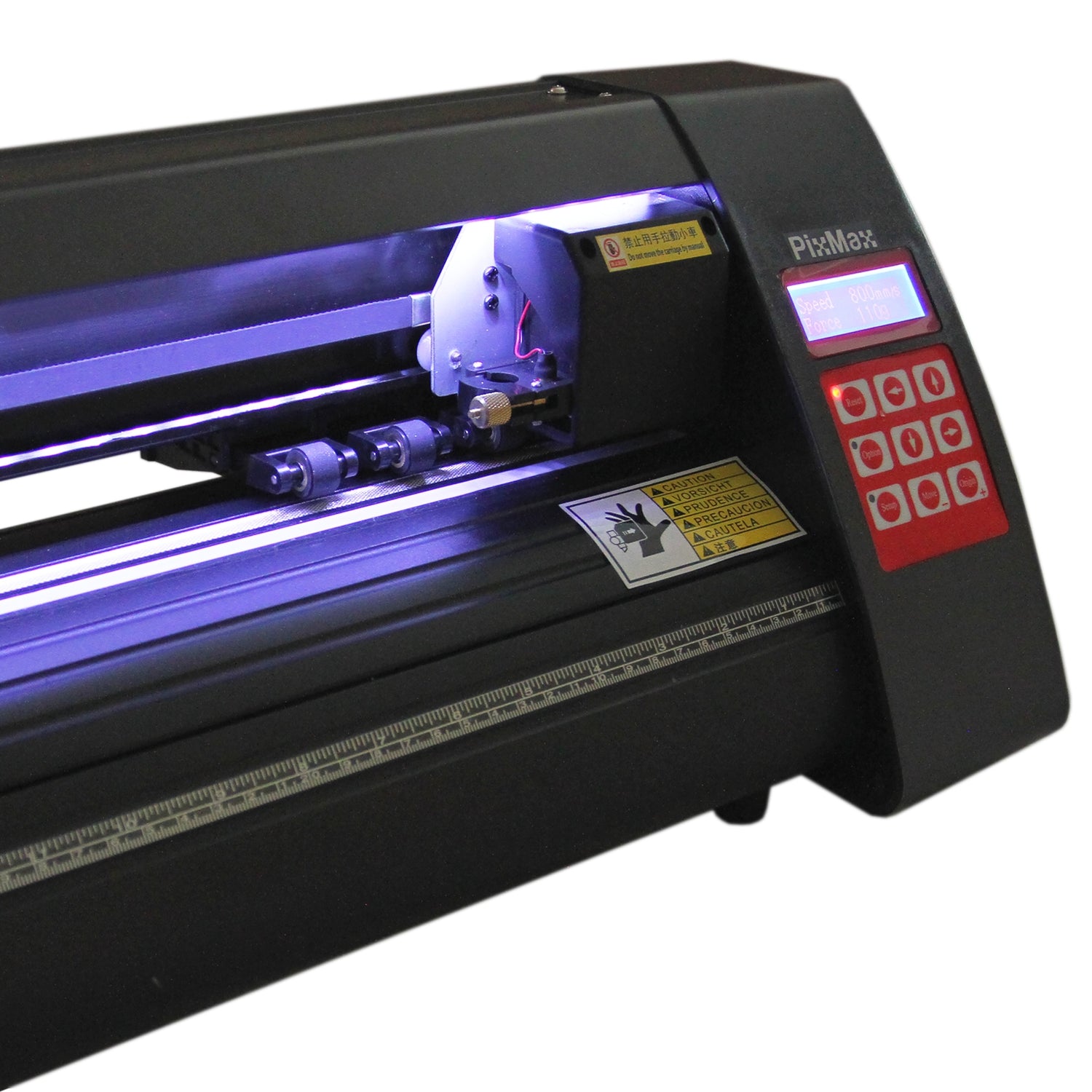 Plotter per taglio vinile LED 720, con pannello di controllo rosso e luce blu, progettato per precisione e facilità d'uso