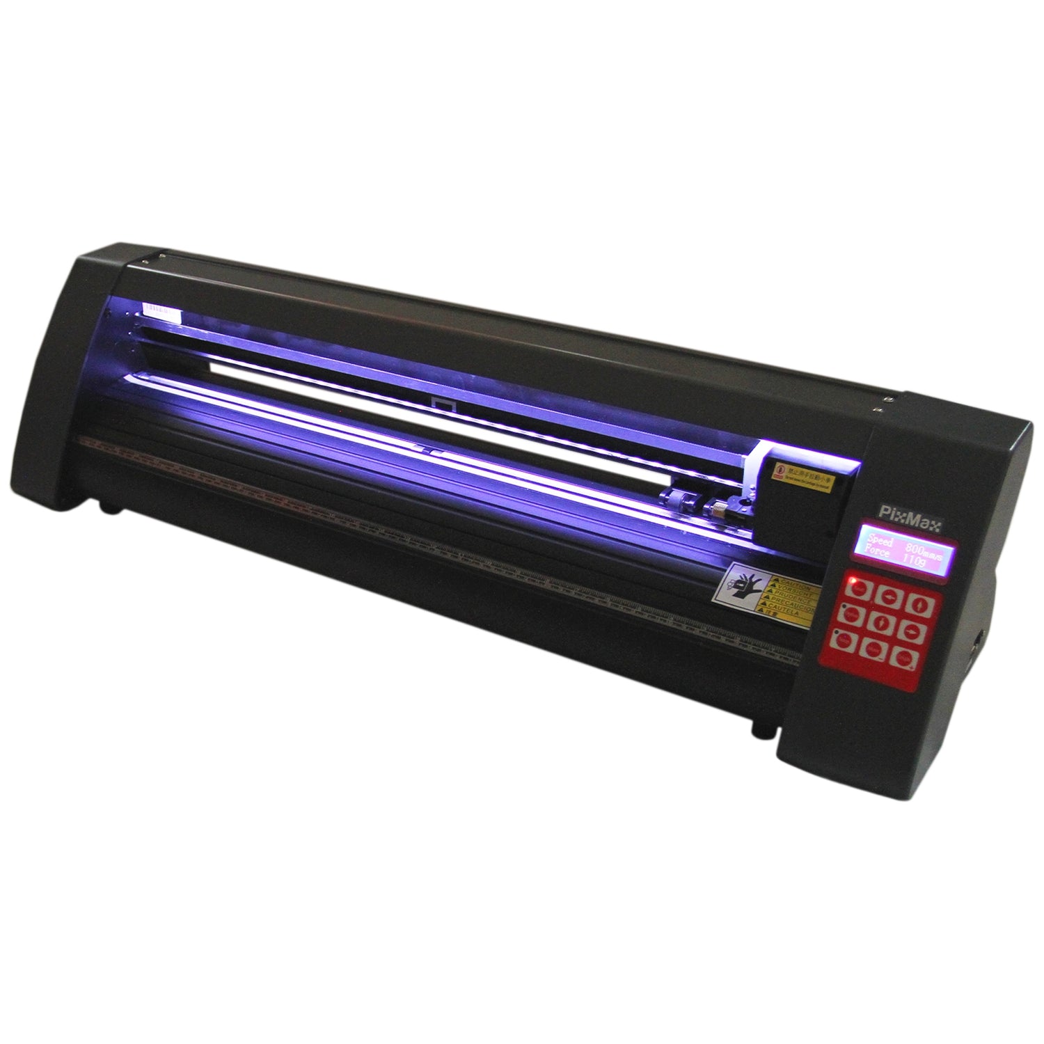 Plotter per taglio vinile con luce LED, design elegante e moderno, tastiera rossa e nera, ideale per progetti di personalizzazione