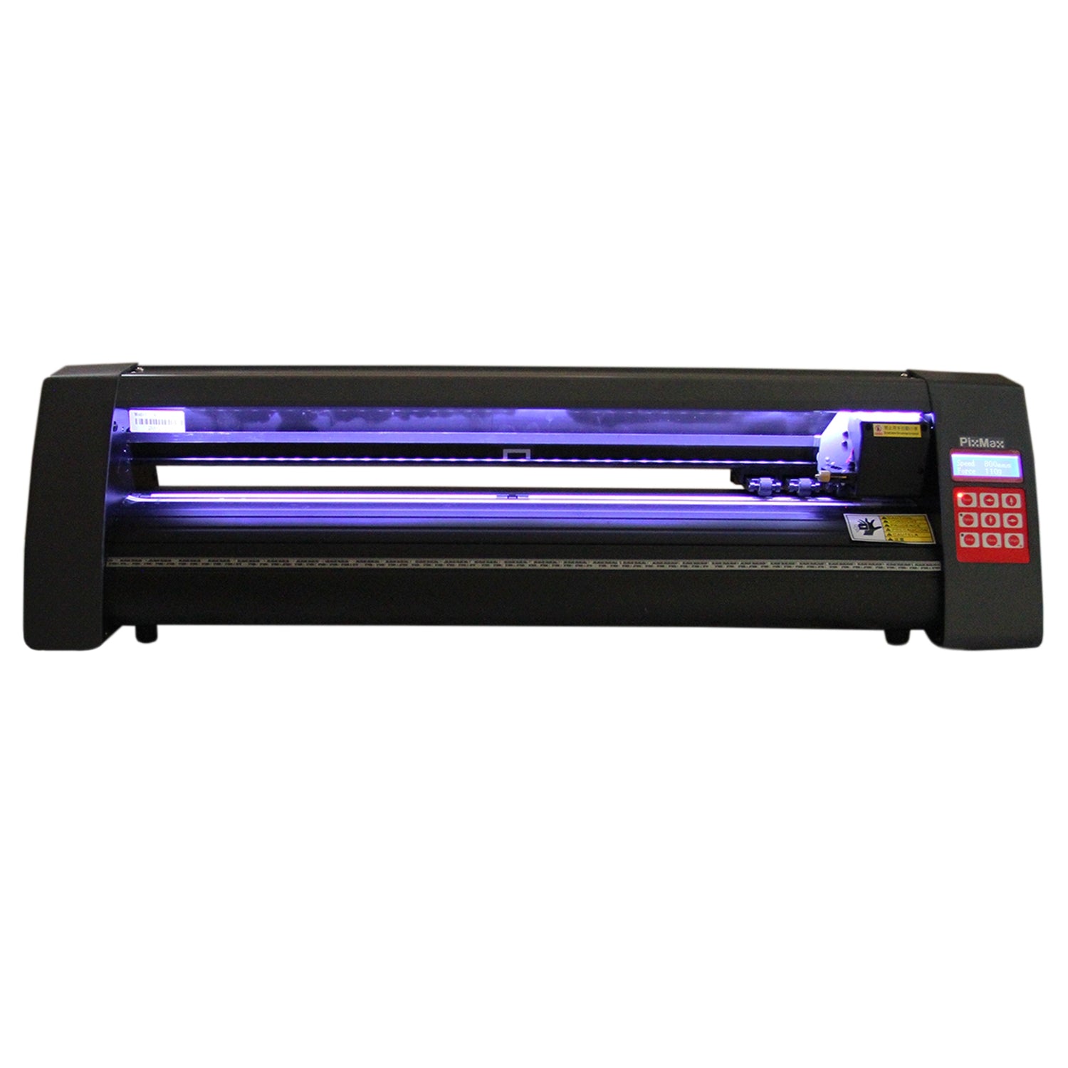 Plotter per taglio vinile con luci LED, design elegante e moderno, tasti rossi e superficie nera, ideale per progetti creativi