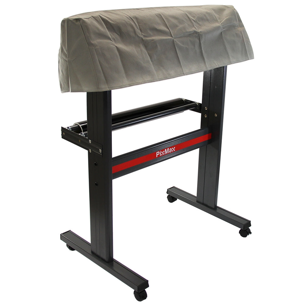 Plotter per taglio vinile con struttura nera, copertura grigia e ruote per una facile mobilità, ideale per progetti di design e personalizzazione