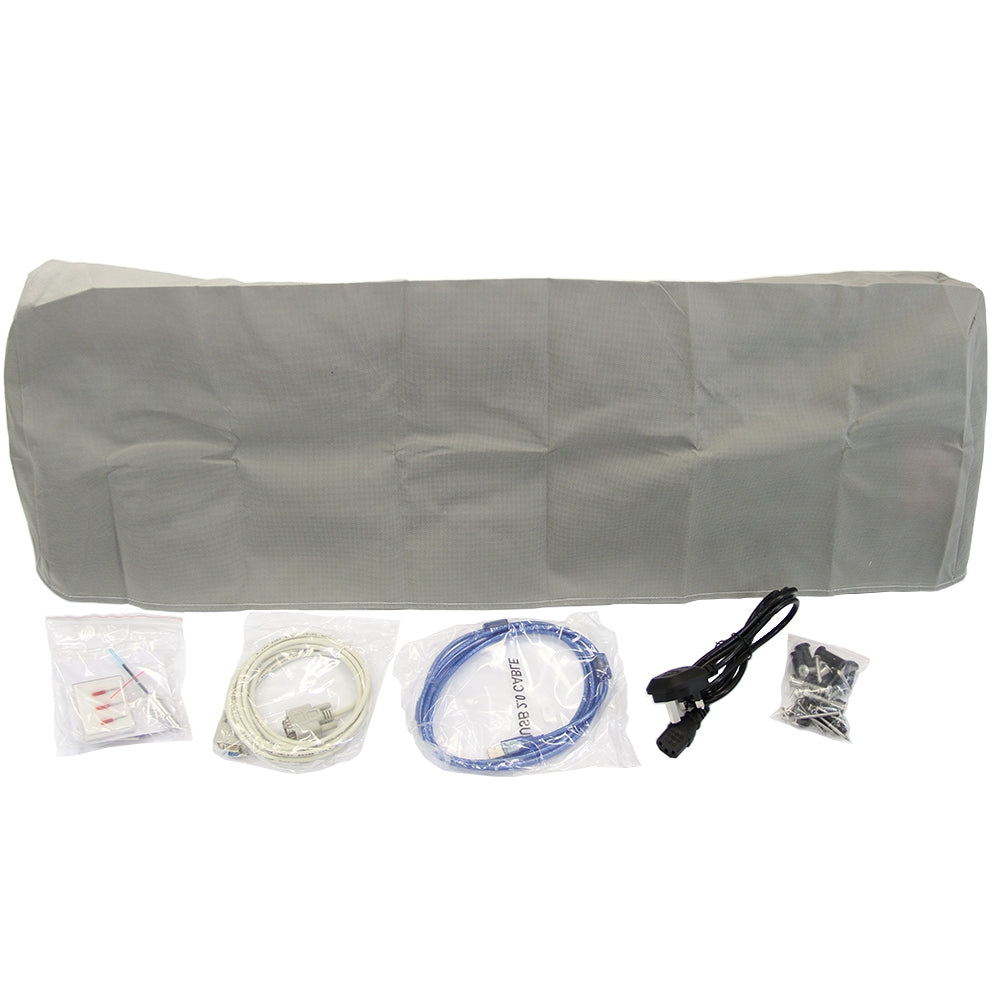 Plotter per taglio vinile LED con cavi, alimentatore e kit per il weeding, confezionato in plastica trasparente e grigia