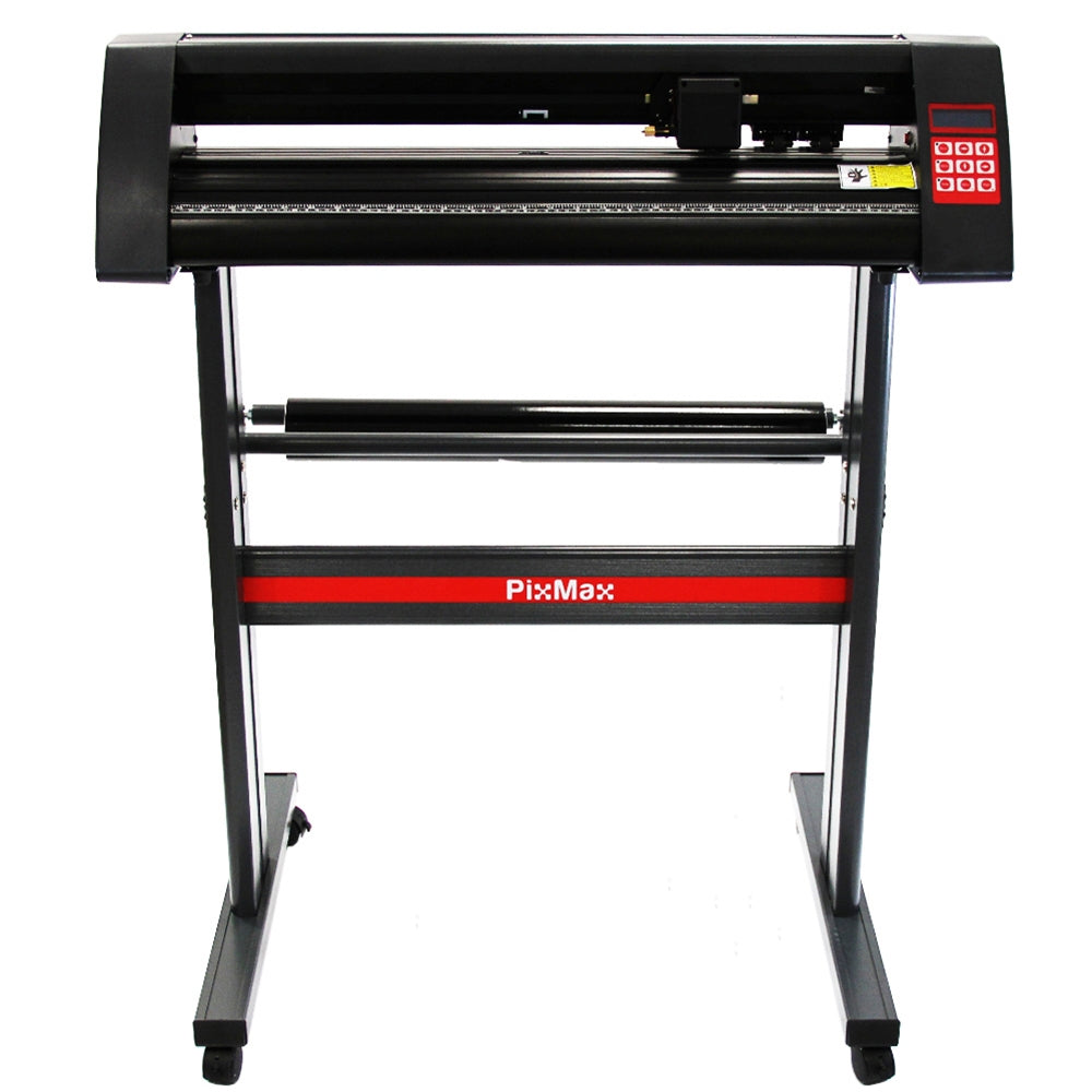 Plotter per taglio vinile con struttura nera, pannello di controllo rosso, rullo inferiore e design robusto per precisione e stabilità