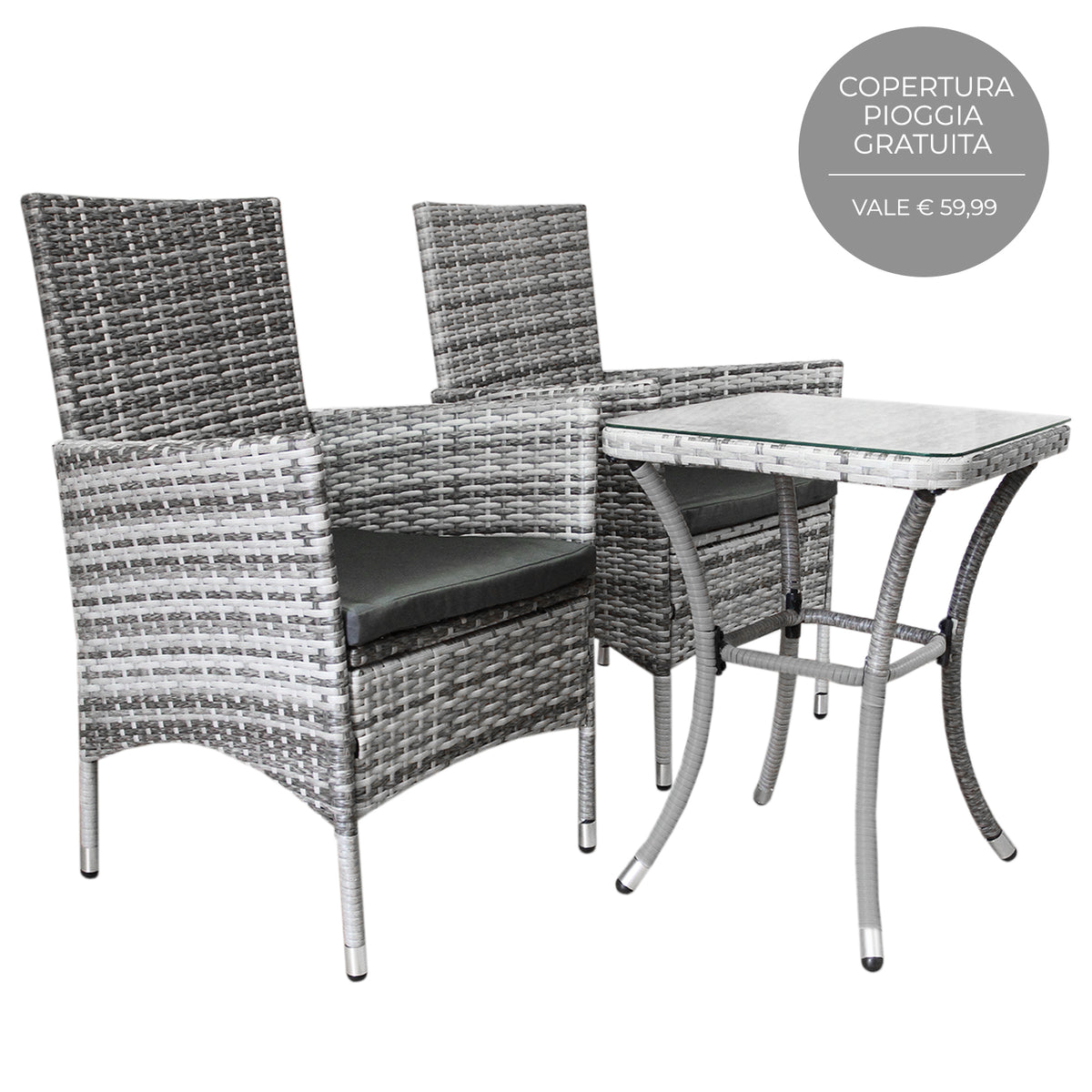 Set Bistro da Giardino Jardí in Polyrattan con 2 Poltroncine e Tavolino