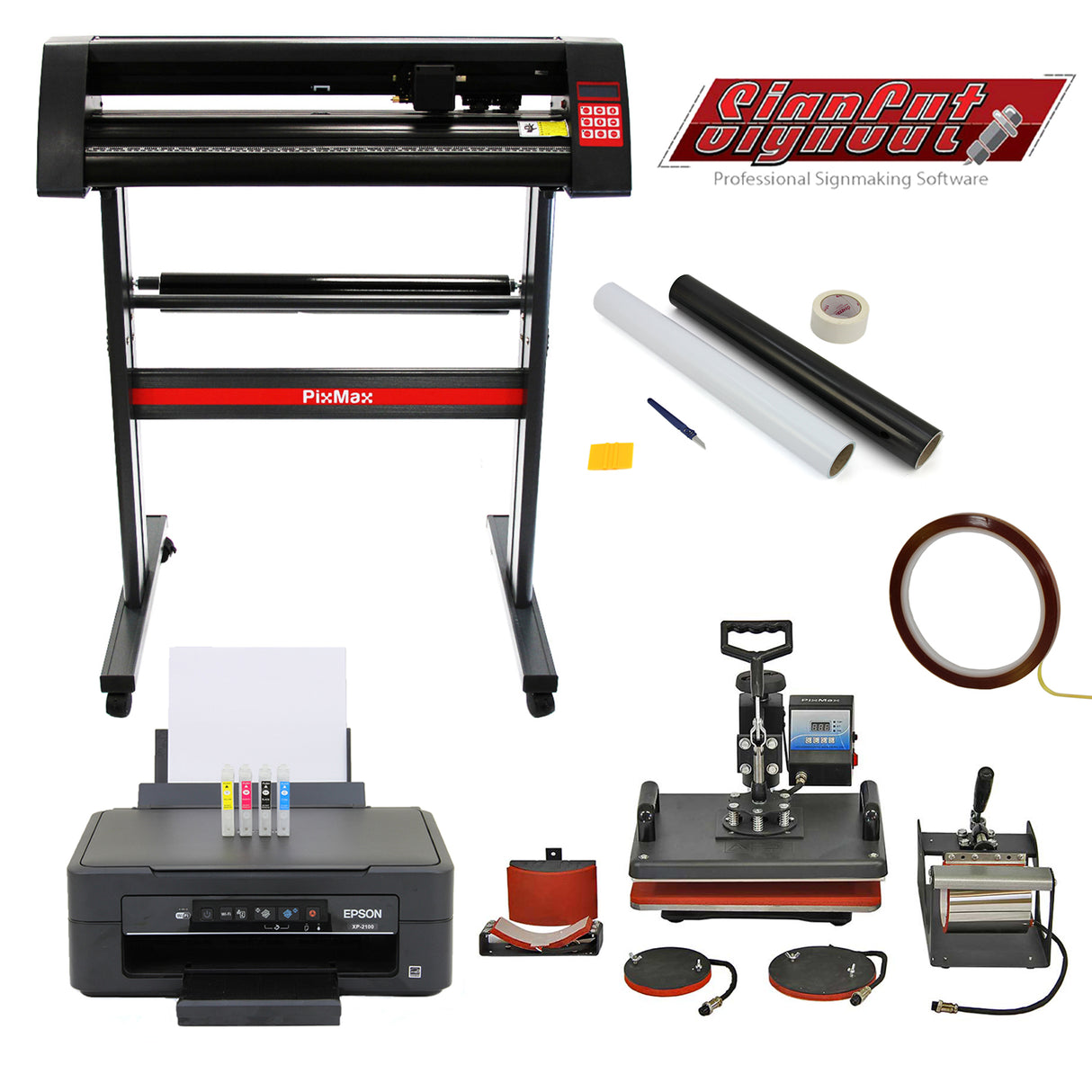 Pressa a caldo 5 in 1 con taglierina per vinile, stampante Epson e kit per rimozione erbacce, colori neri e rossi, design professionale