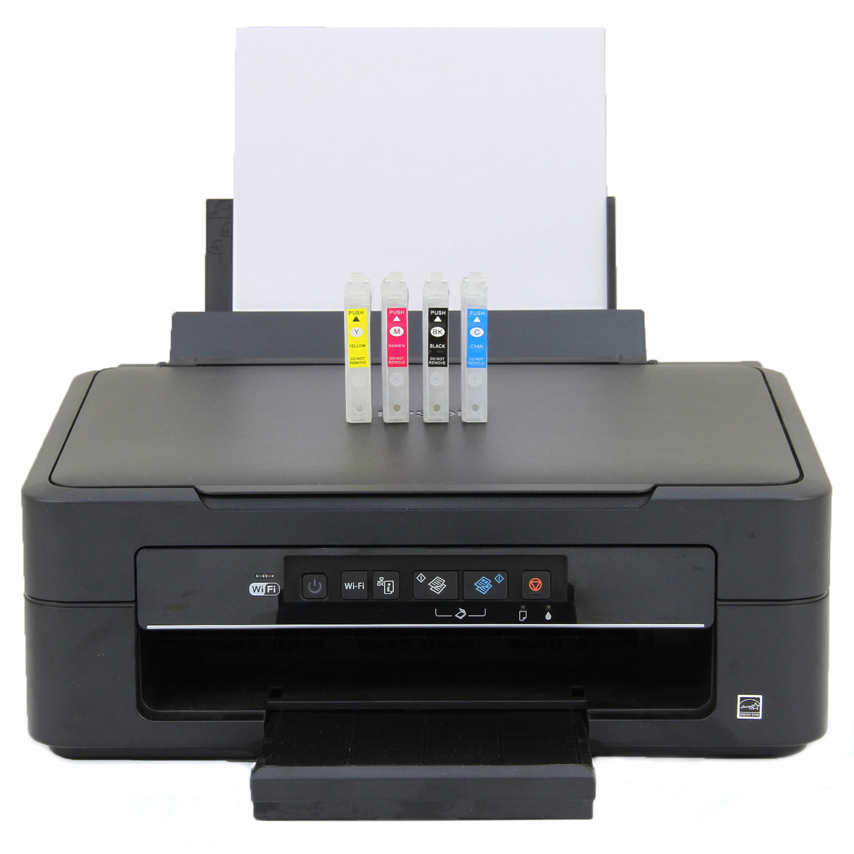 Stampante Epson nera con cartucce colorate in blu, giallo, magenta e ciano, pronta per la stampa su vinile e kit di rimozione erbacce