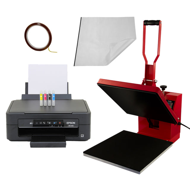 Pressa a caldo rossa 38 x 38 cm con stampante Epson, cartucce colorate, foglio di trasferimento e bobina di nastro per personalizzazione