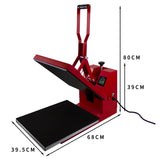 Pressa a caldo rossa con piano di lavoro nero, dimensioni 38 x 38 cm, manico ergonomico e display digitale per impostazioni precise