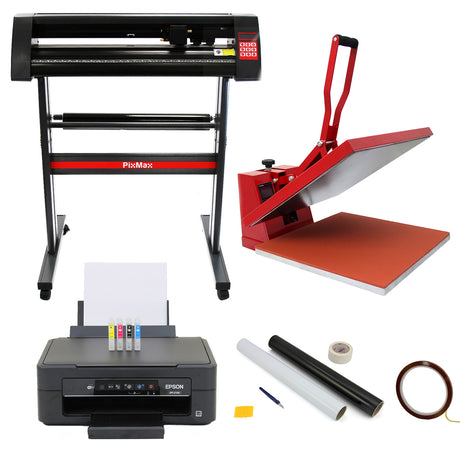 Taglierina per vinile e pressa a caldo rossa su base nera, con stampante Epson e materiali per il taglio di cartelli e personalizzazioni