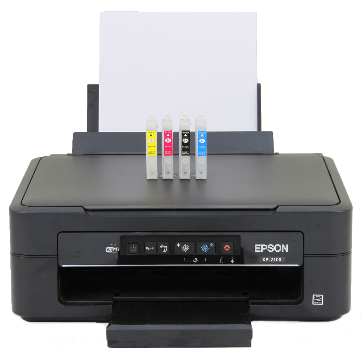 Stampante economica Epson XP-2100, con cartucce colorate in blu, giallo, magenta e nero, pronta per la stampa su vinile