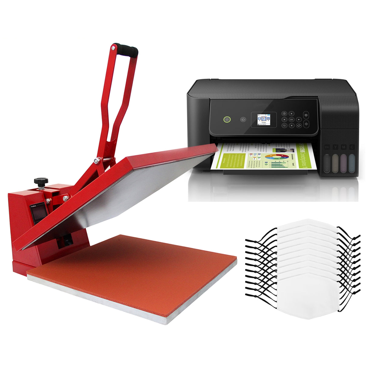Kit per Sublimazione Pressa a Caldo - 38x38 & Stampante Eco Tank & 10 Mascherine