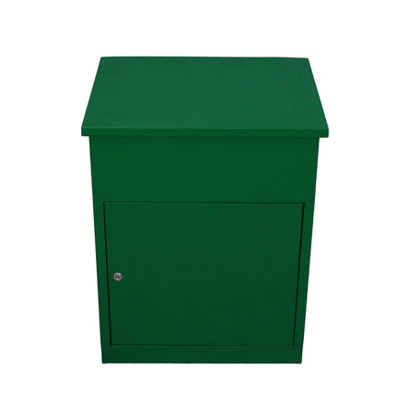 Cassetta postale per pacchi di colore verde, con finitura liscia, forma quadrata e sportello frontale con chiave di sicurezza
