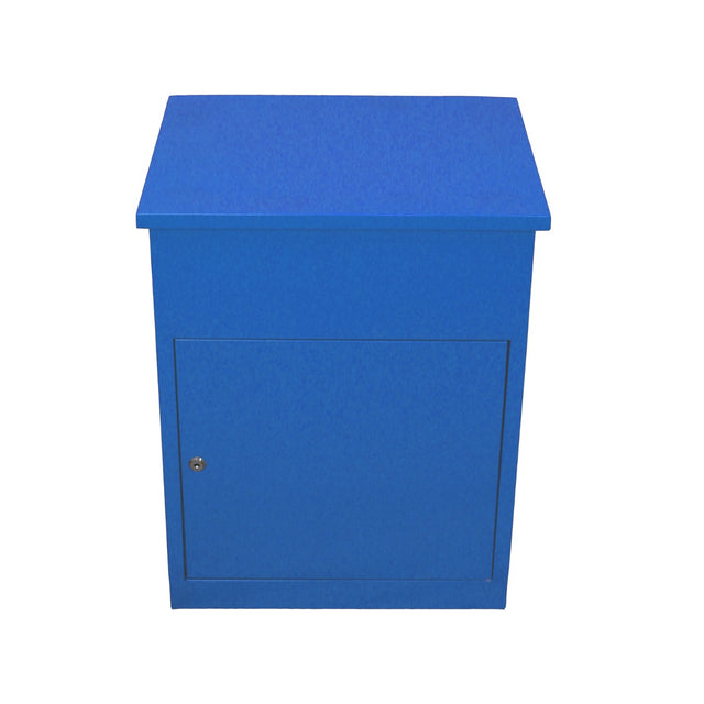 Cassetta postale per pacchi di colore blu, con superficie liscia e finitura opaca, dotata di un'anta frontale con serratura