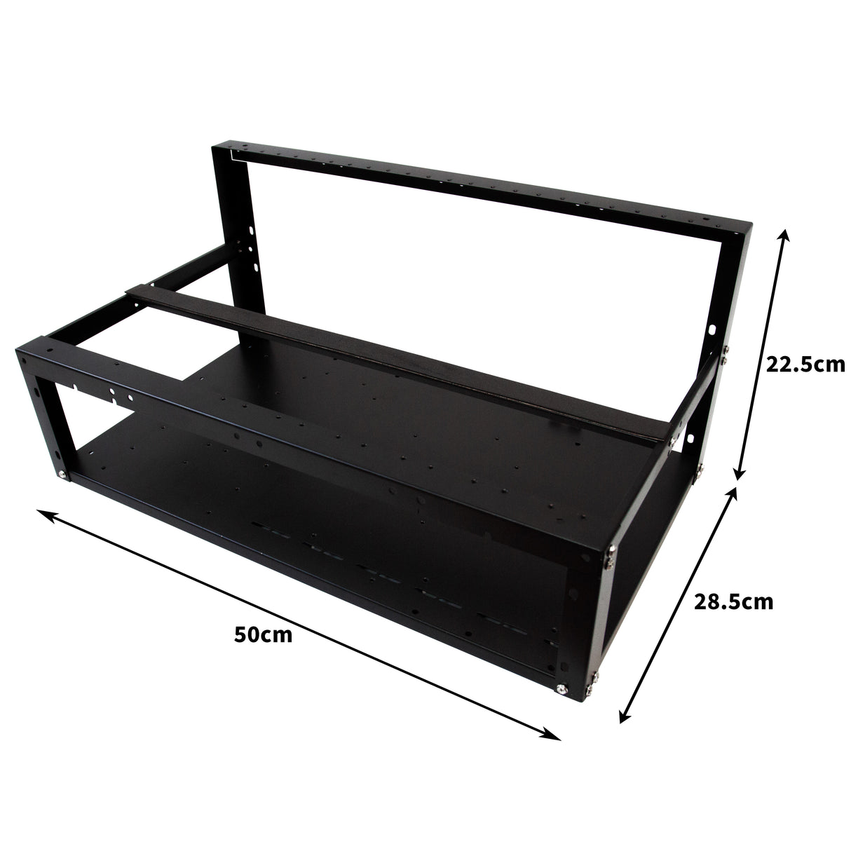 Telaio per mining da 6-8 GPU in metallo nero, dimensioni 50x28,5x22,5 cm, design robusto e ventilato per ottimizzare le prestazioni