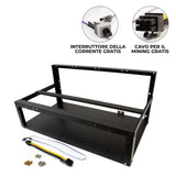 Telaio in metallo nero per impianto di mining, progettato per 6-8 GPU, con accessori inclusi come interruttore e cavo per il mining