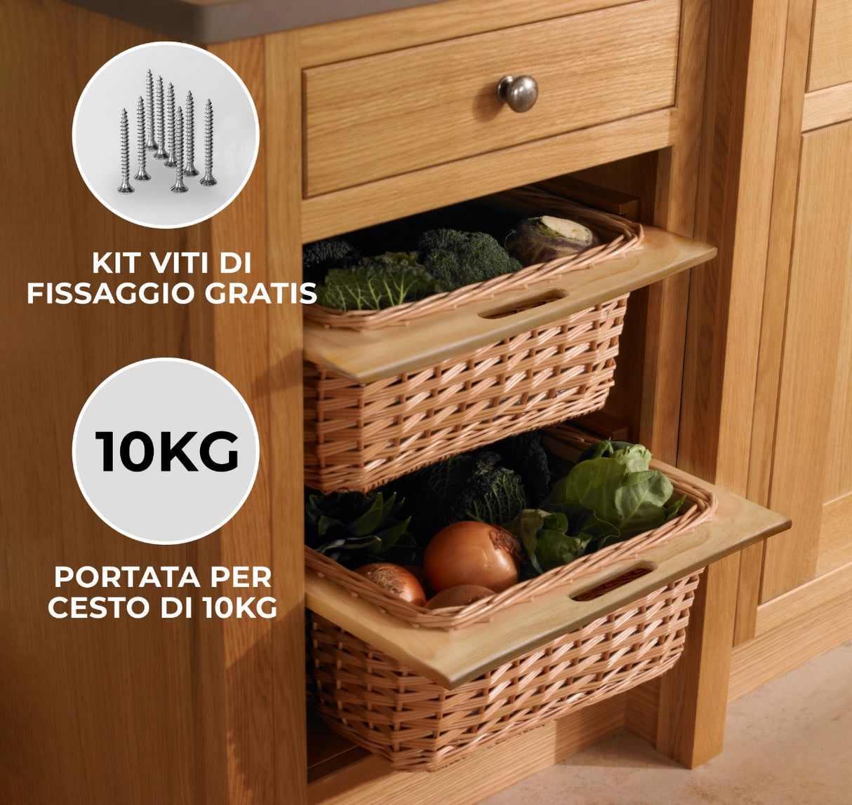 Cestelli Estraibili da Cucina in Vimini - 50cm - 3 Cesti