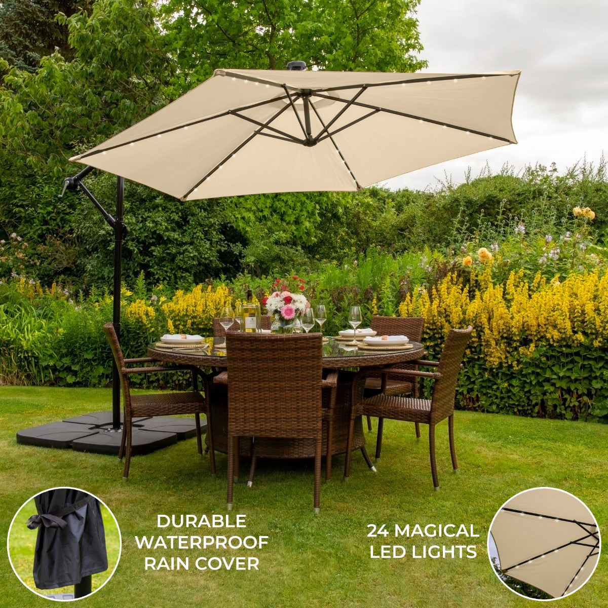 Ombrellone da Giardino Decentrato 3m con LED - Base Quadrata - Beige