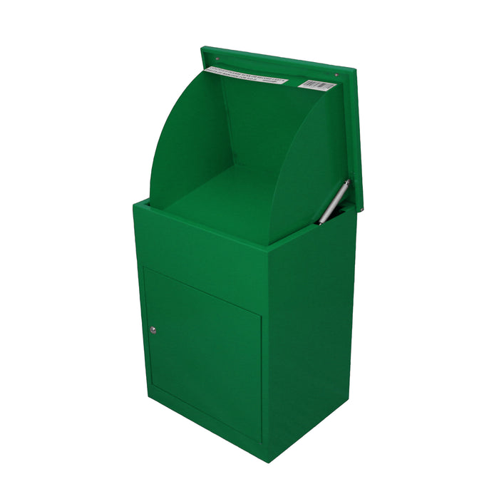 Cestino verde brillante in metallo con apertura superiore curva e sportello frontale, ideale per spazi pubblici e raccolta rifiuti