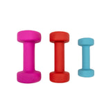 Manubri in diverse dimensioni: rosa, rosso e blu, con superficie liscia e forma cilindrica, ideali per l'allenamento a casa