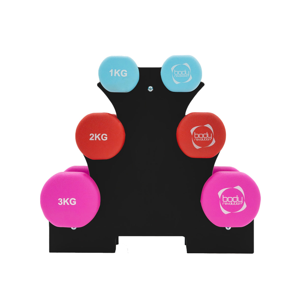 Set di manubri colorati su supporto, con pesi da 1kg, 2kg e 3kg in tonalità blu, rosso e rosa, su base nera elegante