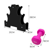 Supporto per manubri nero con forma ondulata, accanto a un manubrio rosa da 3 kg, misure indicate per dimensioni e utilizzo
