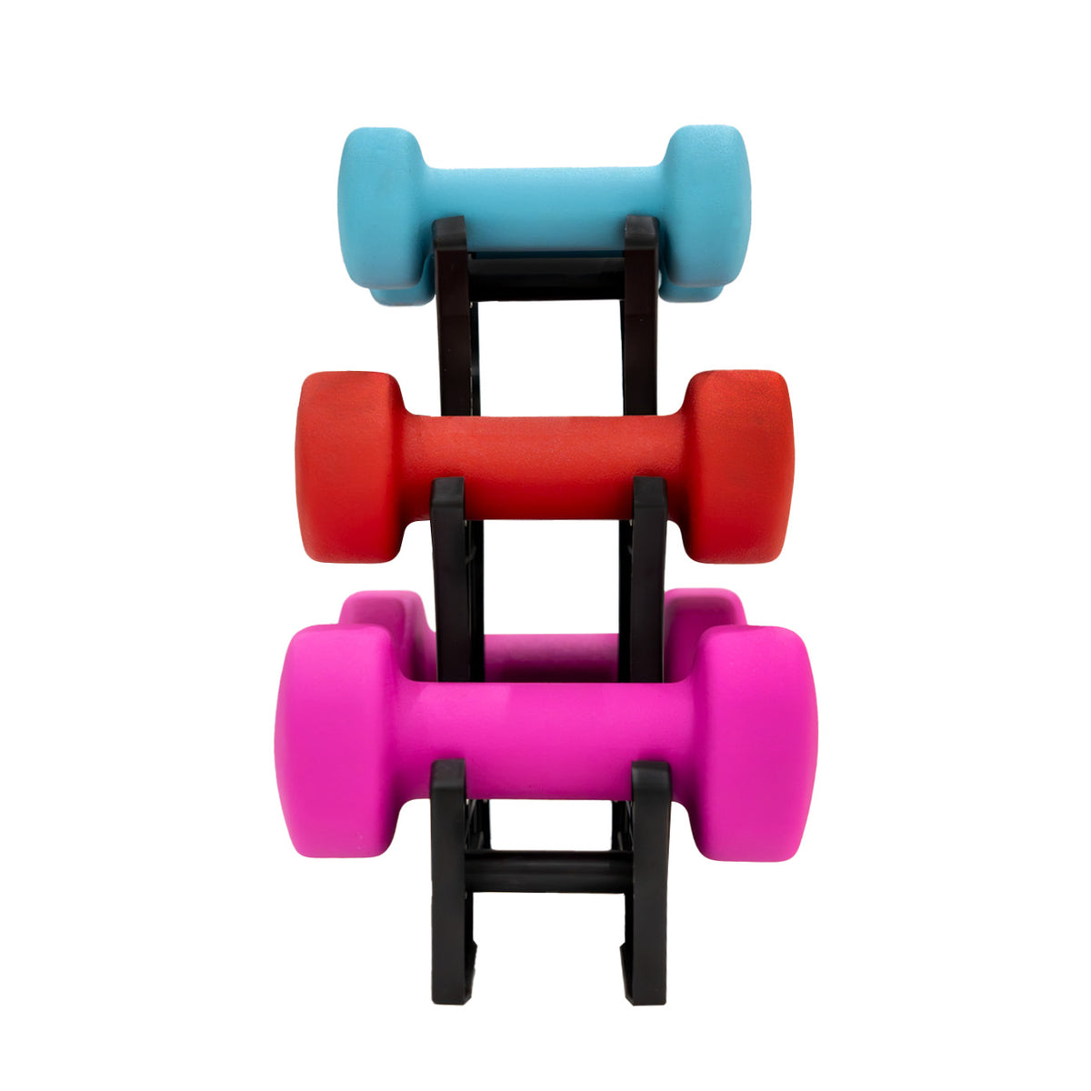 Manubri colorati in gomma: blu, rosso, rosa, impilati su un supporto nero, ideali per allenamenti di forza e fitness
