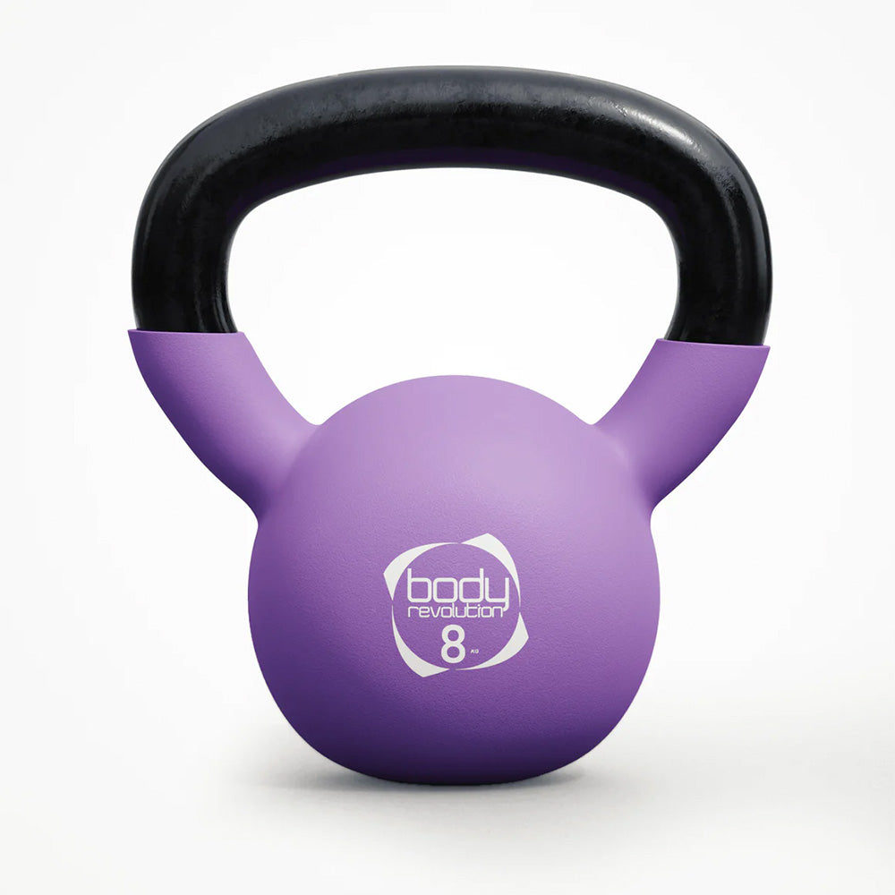 Kettlebell Body Revolution da 8 kg in neoprene viola con manico nero, superficie liscia e logo bianco ben visibile