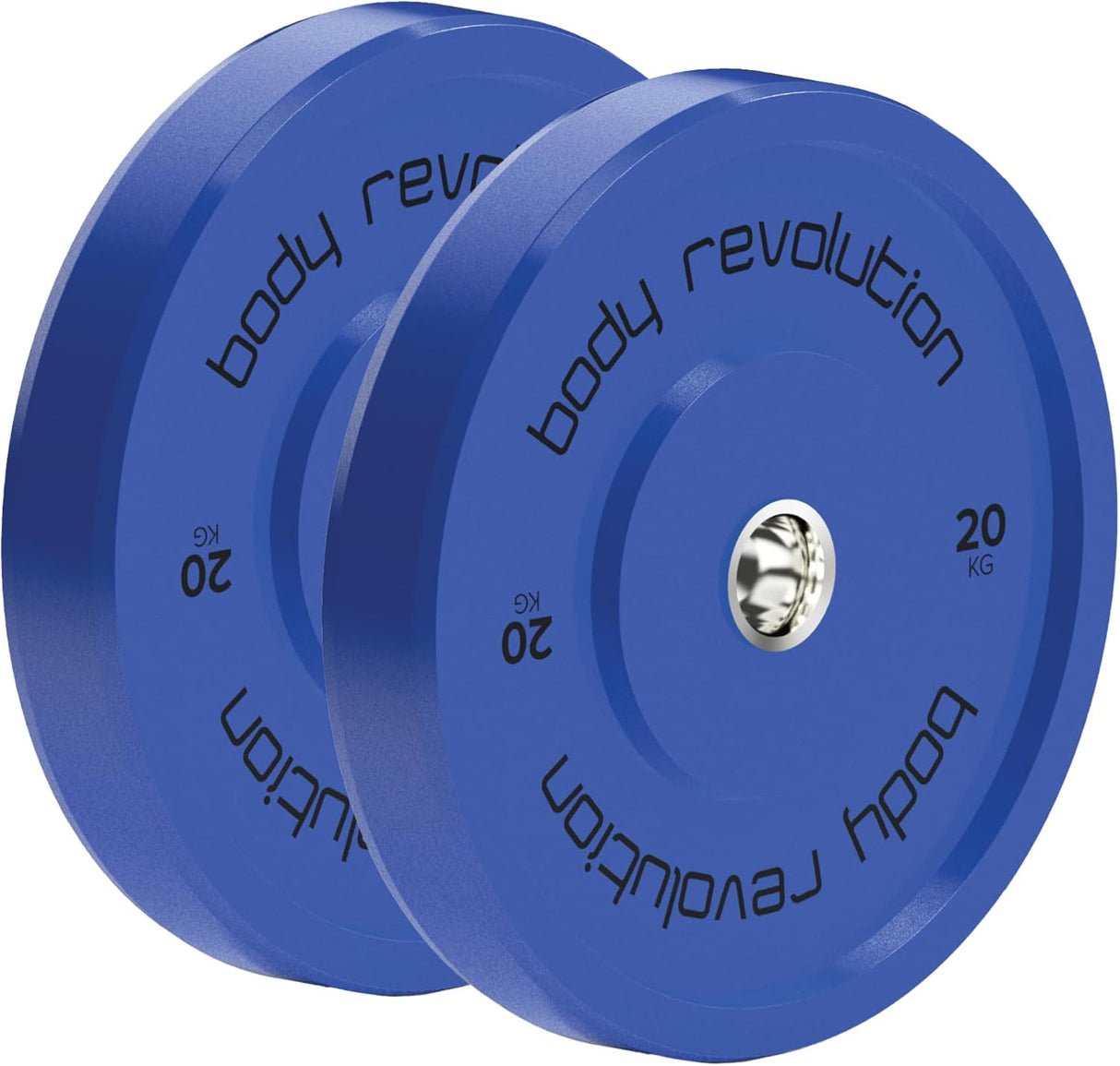 Dischi bumper olimpici blu Body Revolution da 20 kg, con superficie liscia e logo in rilievo, ideali per allenamenti intensi