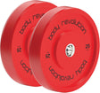 Due piastre olimpiche bumper da 25 kg ciascuna, di colore rosso brillante, con scritte nere e finitura liscia e resistente