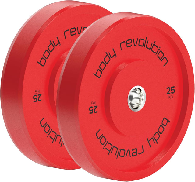 Due piastre olimpiche bumper da 25 kg ciascuna, di colore rosso brillante, con scritte nere e finitura liscia e resistente