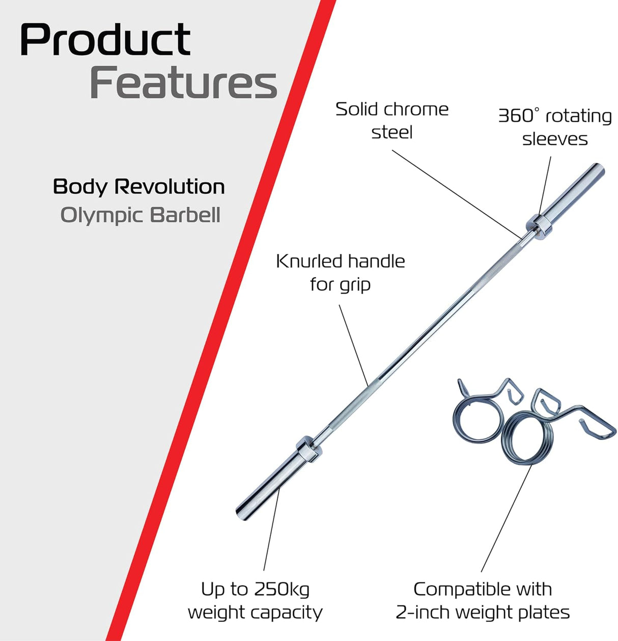 Bilanciere olimpico Body Revolution 213 cm in acciaio cromato, con manico zigrinato e maniche rotanti, capacità fino a 250 kg