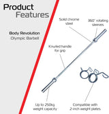 Bilanciere olimpico Body Revolution 213 cm in acciaio cromato, con manico zigrinato e maniche rotanti, capacità fino a 250 kg