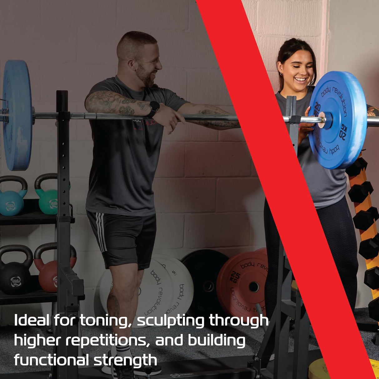 Bilanciere olimpico Body Revolution 182 cm con dischi azzurri, utilizzato per allenamenti di tonificazione e forza in palestra