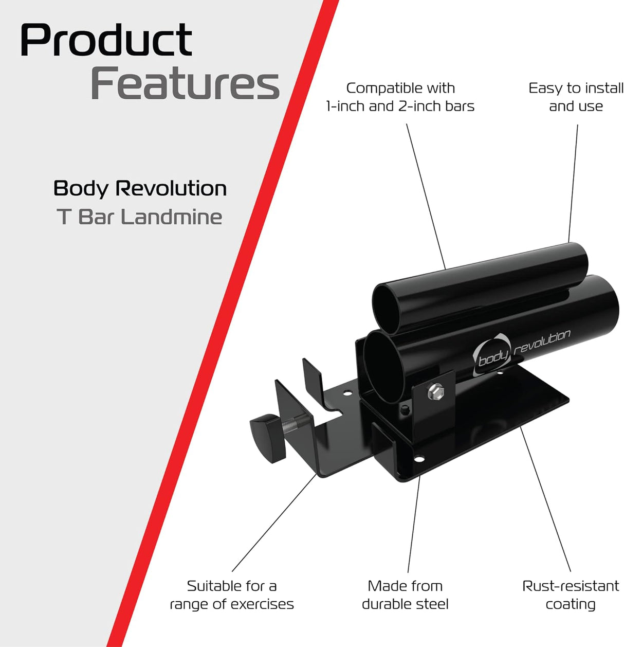Supporto T-Bar Row Landmine Body Revolution in acciaio nero, compatibile con barre da 1 e 2 pollici, resistente alla ruggine e facile da installare