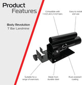 Supporto T-Bar Row Landmine Body Revolution in acciaio nero, compatibile con barre da 1 e 2 pollici, resistente alla ruggine e facile da installare