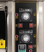 Pannello di controllo in acciaio inox con manopole cromate, indicatori luminosi rossi e display digitale per la regolazione della temperatura