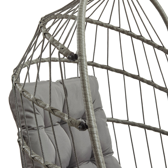 Sedia a sospensione in metallo grigio con cuscino imbottito, design moderno e intrecciato, ideale per interni ed esterni