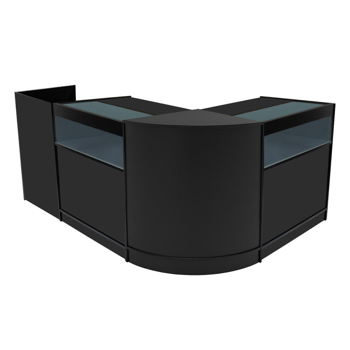 Set banconi negozio Luna LED nero, design moderno con superfici lisce, vetro trasparente e illuminazione LED integrata, ideale per esposizione