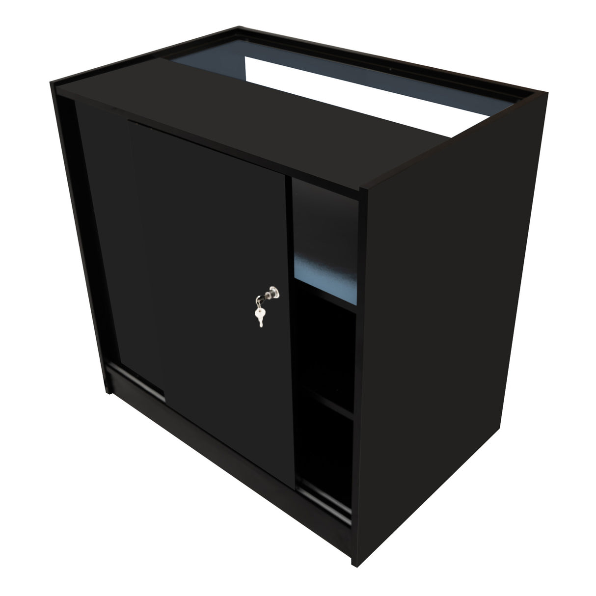 Bancone negozio Luna LED nero con ante scorrevoli, ripiani interni e finitura lucida, ideale per esposizione e stoccaggio