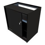 Bancone negozio Luna LED nero con ante scorrevoli, ripiani interni e finitura lucida, ideale per esposizione e stoccaggio