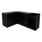 Set banconi negozio Luna LED nero, design angolare, con finitura liscia, ante in vetro e spazi di stoccaggio pratici e moderni