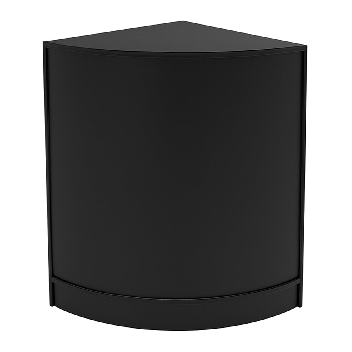 Bancone negozio angolare nero con finitura liscia, design moderno e illuminazione LED, ideale per esposizione prodotti e ottimizzazione spazio