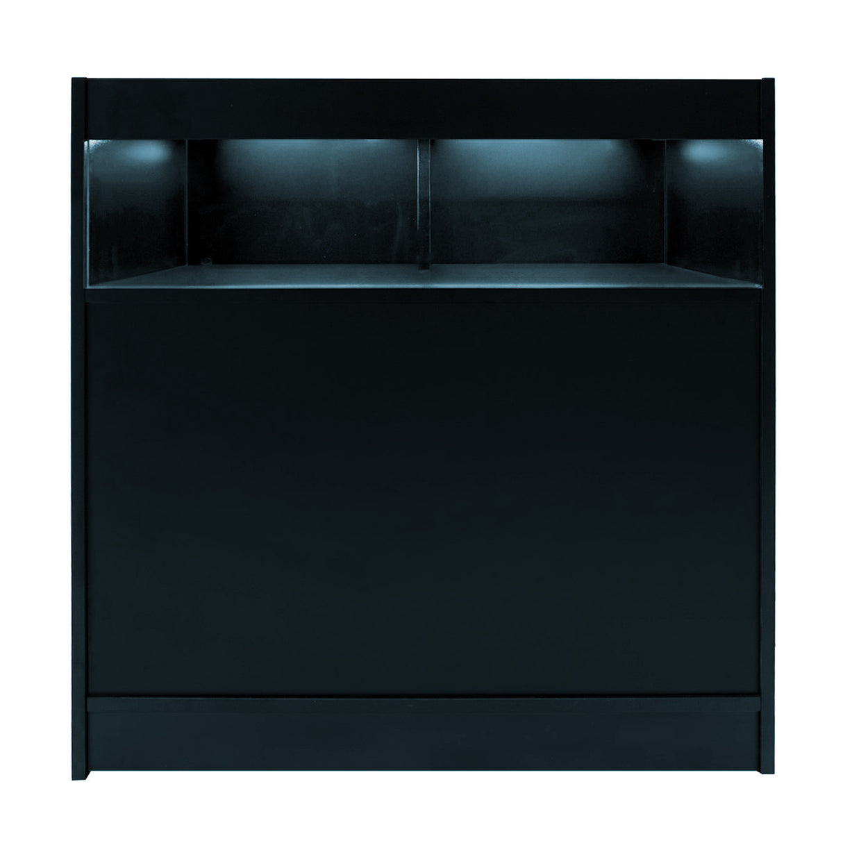 Bancone negozio Luna LED nero con illuminazione interna, design moderno e superficie liscia, ideale per esposizione prodotti
