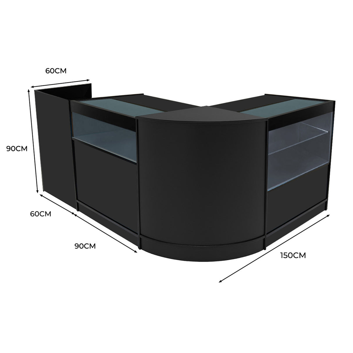 Set di banconi Gravity LED in nero, design moderno con superfici lisce, vetro trasparente e dimensioni di 150x90x60 cm