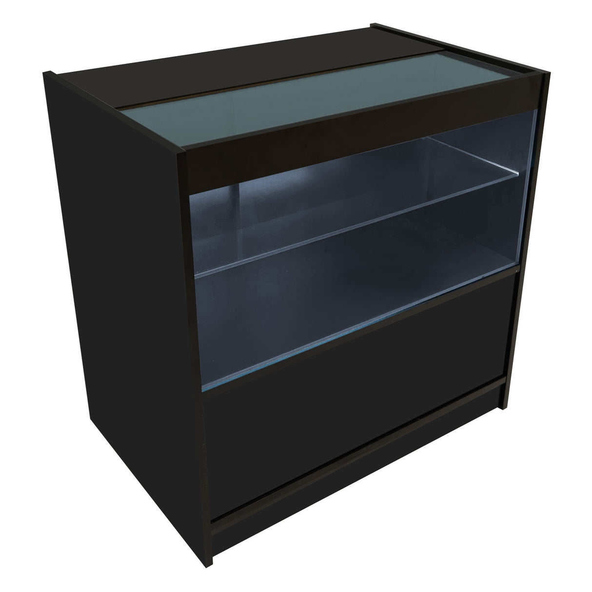 Bancone Gravity LED B900, C900, TB60 e CM60 in nero, design moderno con superficie liscia e ripiani trasparenti per esposizione elegante