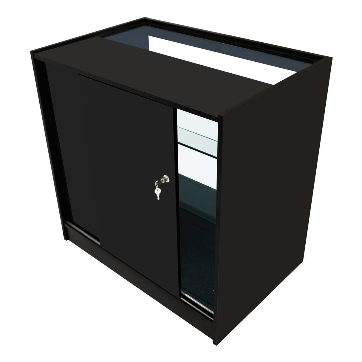 Bancone negozio Polaris in nero, con ante scorrevoli, ripiani interni e illuminazione LED, design moderno e elegante per esposizione prodotti