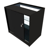 Bancone negozio Polaris in nero, con ante scorrevoli, ripiani interni e illuminazione LED, design moderno e elegante per esposizione prodotti