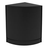 Bancone negozio angolare in nero, design moderno e minimalista, superficie liscia e opaca, ideale per esposizione prodotti