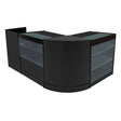 Set banconi Vega in nero, design moderno con ripiani in vetro, angolo curvo, perfetto per esposizione e vendita di prodotti